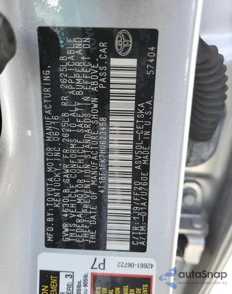 2017 Toyota Camry Le из США, поврежденный, VIN 4T1BF1FK7HU623458